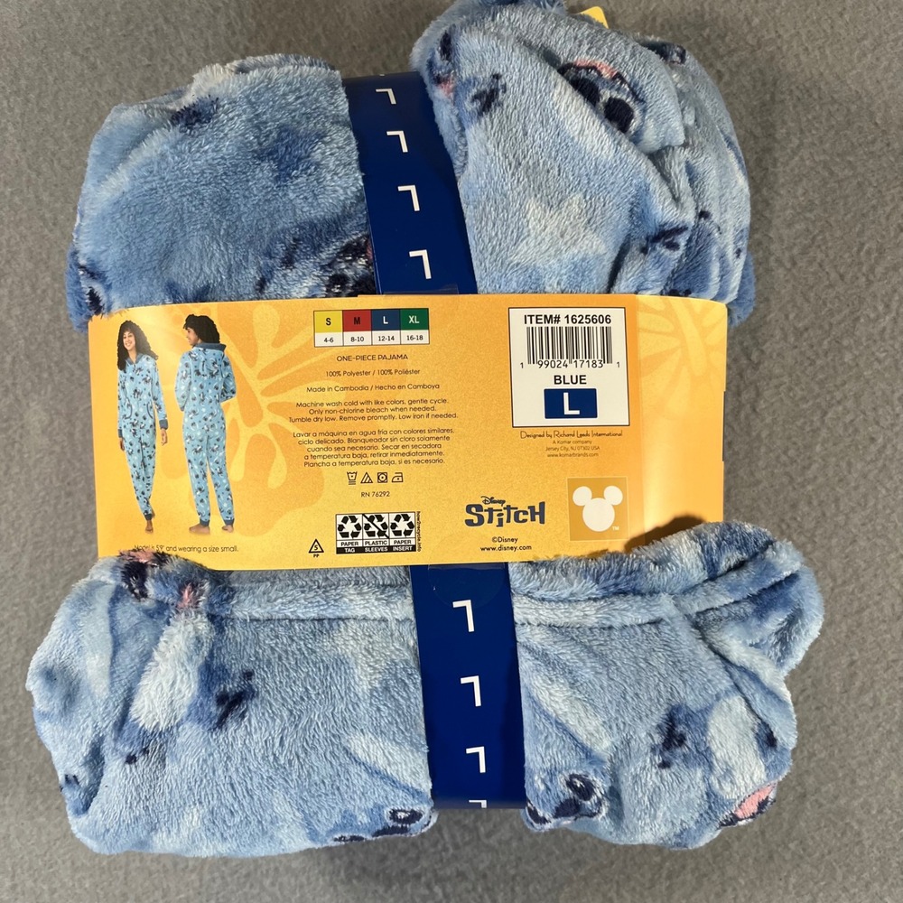 NWT Disney Stitch One Piece Pajama Union Suit Blue Fleece Hooded‎ Womens Large - Picture 3 of 5